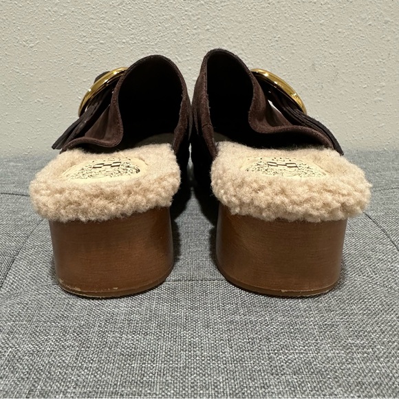 Vince Camuto Canzenee Chocolate Suede Mules with Gold Buckle - Picture 6 of 10
